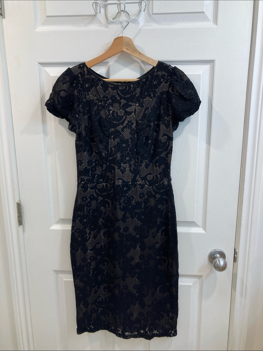 Mango Black Lace Midi Dress with Puff Sleeves and Nude Lining